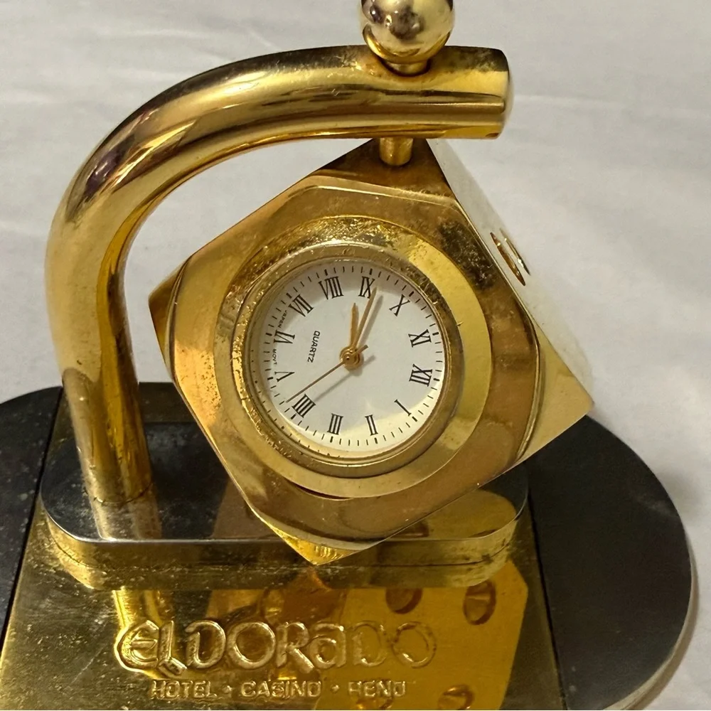 Vintage El Dorado Reno Casino Dice Desk Clock Gold Tone Working Quartz Spinner